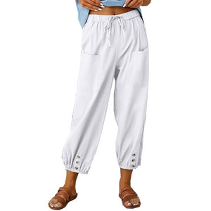 Women's Drawstring Tie Pants Spring Summer Cotton Linen Trousers With Pockets