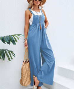 Women Long Bib Pants Overalls Casual Loose Rompers Jumpsuits With Pockets Comfortable