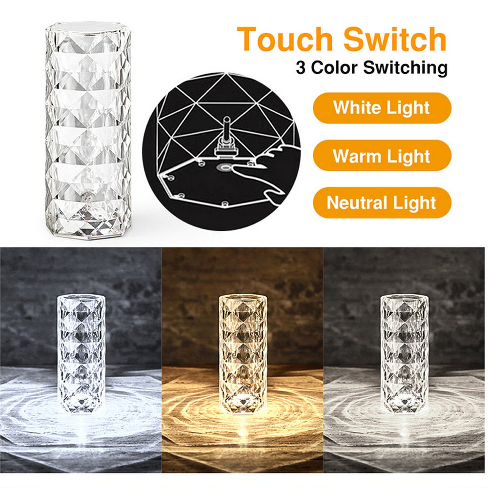 Crystal Table Lamp Rose Diamond Touch With Usb Color Led Light