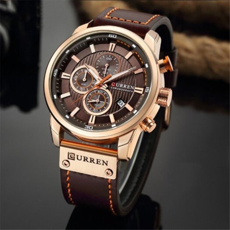 Veile Studios Male Quartz Watch Casual Chronograph Leather Strap Men Wrist Brown