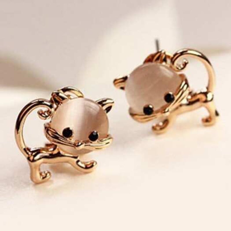 Cute Faux Opal Kitten Tiny Stud Earrings Golden