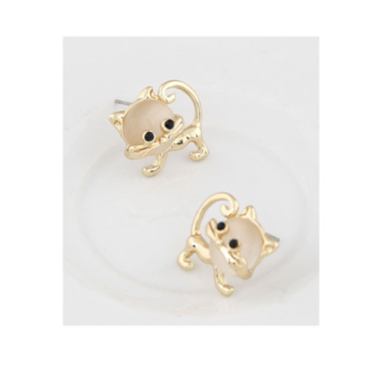 Cute Faux Opal Kitten Tiny Stud Earrings Golden