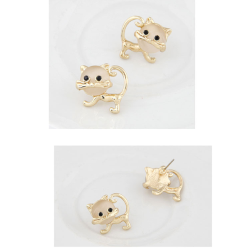 Cute Faux Opal Kitten Tiny Stud Earrings Golden