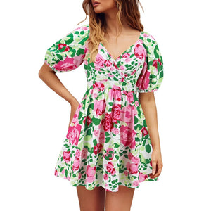 Flowers Print V-Neck Lantern-Sleeve Dress Y2k Summer Vacation Beach Dresses