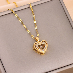 Veile Studios Double Layer Love Necklace With Rhinestones Titanium Steel Pendant Fashion Jewelry