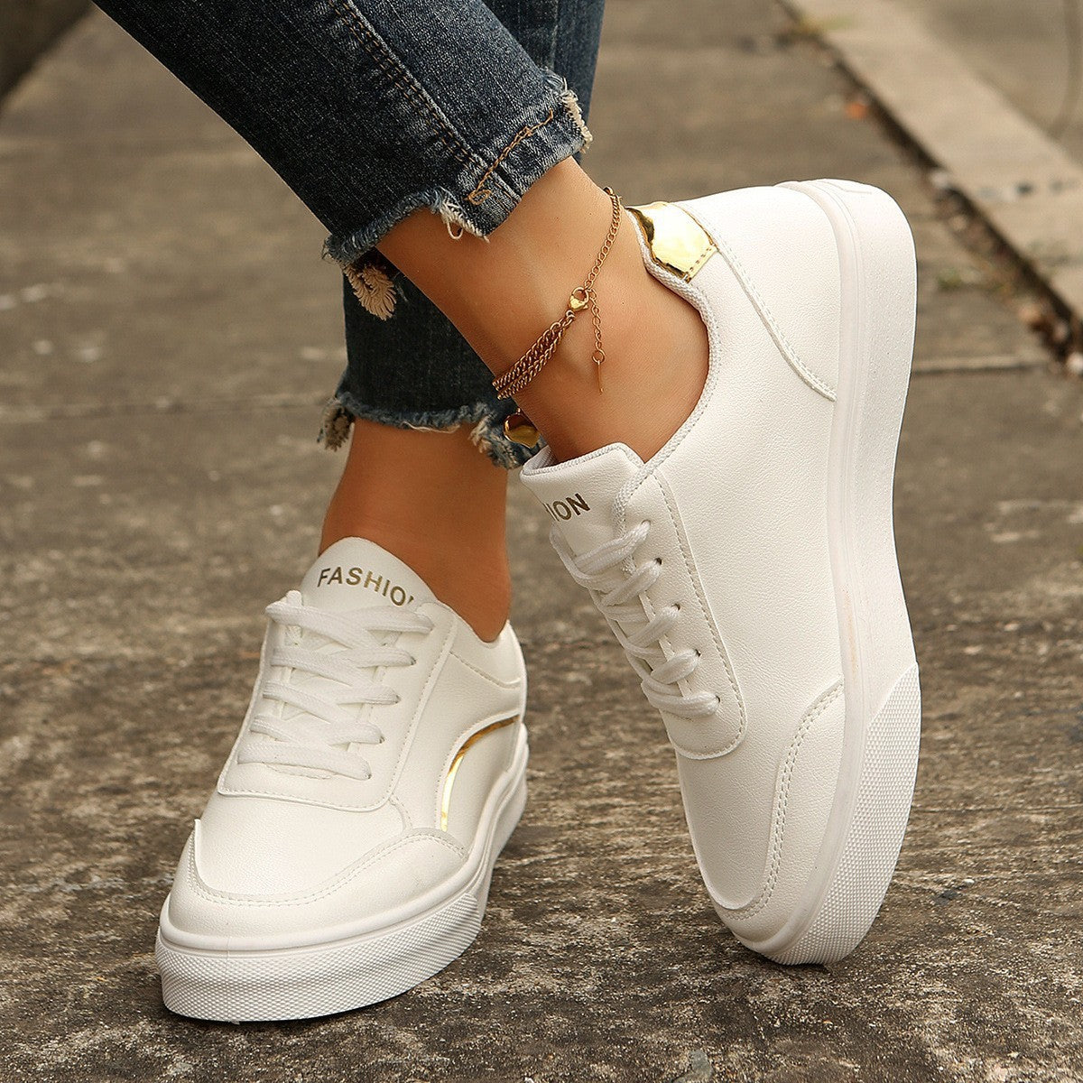 Lace Up White Flats Shoes Round Toe Slip On Thick Sole Casual For Women