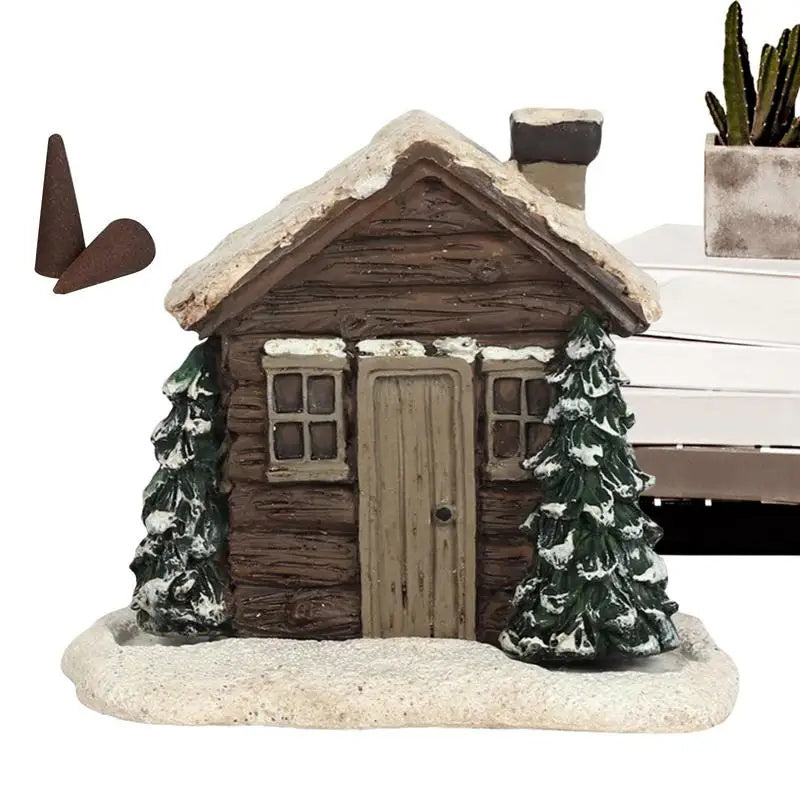 Log Cabin Incense Burner Rustic Christmas Chimney Hut Collectible Resin Statue