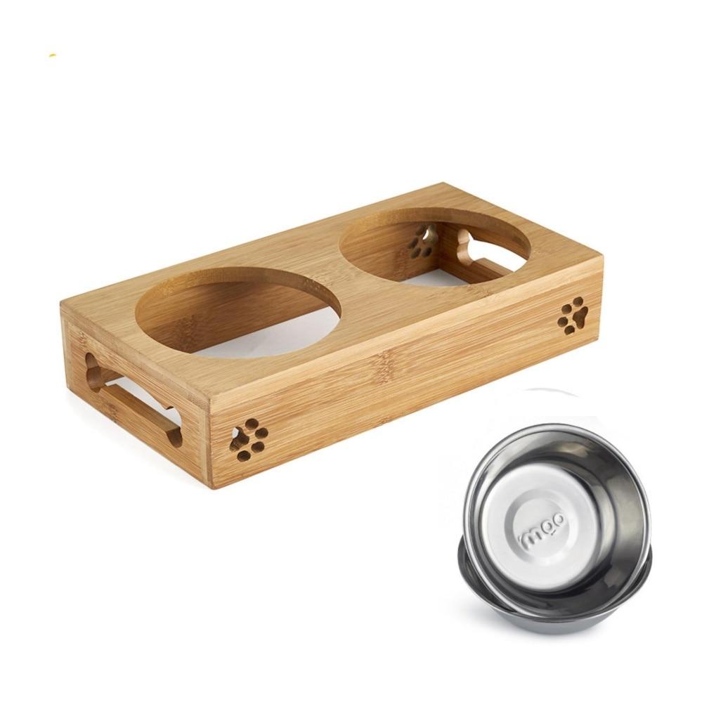 Ceramic Or Stainless Steel Pet Feeding Bowls With Bamboo Stand