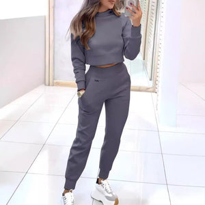 Stand Collar Sports Suit Fashion Pullover Long Sleeves Short Top And Slim Trousers With Pockets Solid Outfits Women's Cl