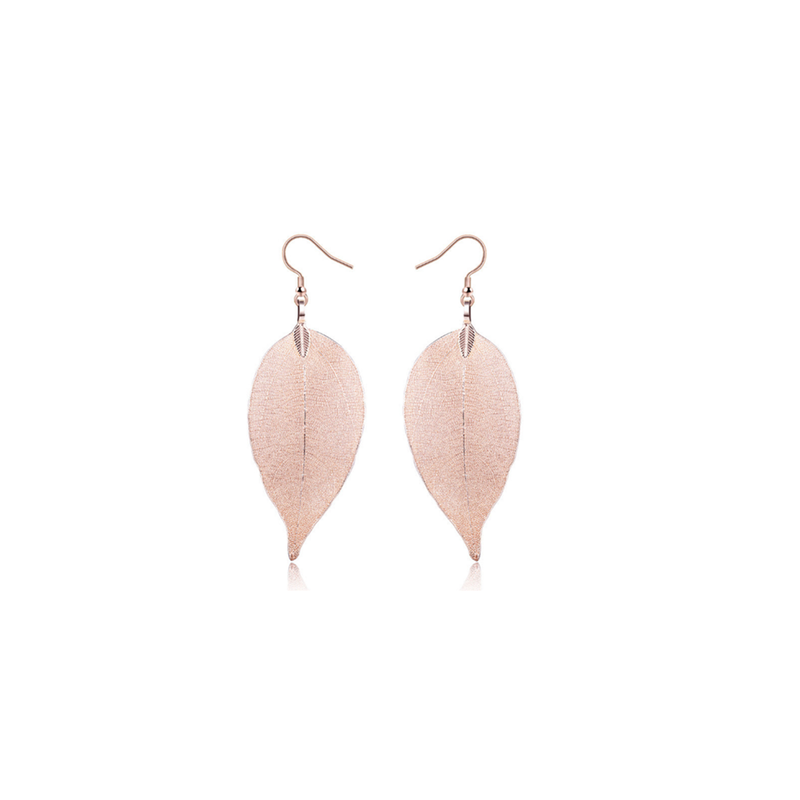 Veile Studios Delicate Filigree Leaf Drop Leaves Ear Studs Long Dangle Earrings Rose Gold