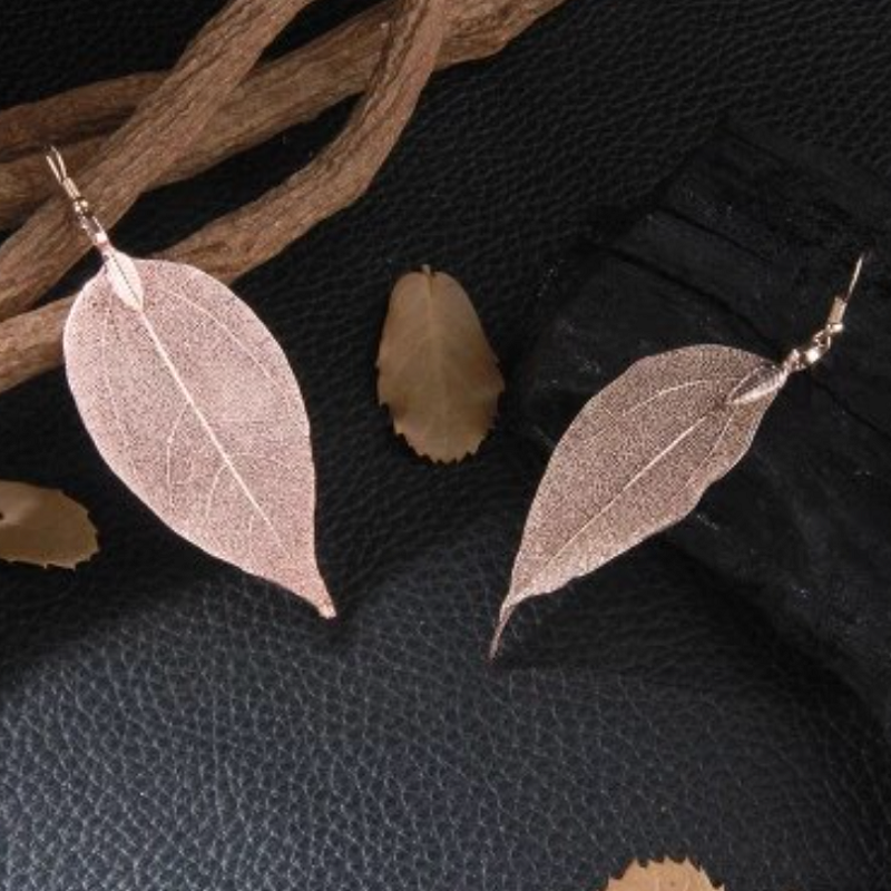 Veile Studios Delicate Filigree Leaf Drop Leaves Ear Studs Long Dangle Earrings Rose Gold