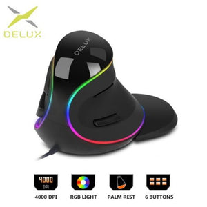 Deluxergonomic Vertical Mouse 6 Buttons 4000 Dpi Optical Computer With Removable Palm Rest Black