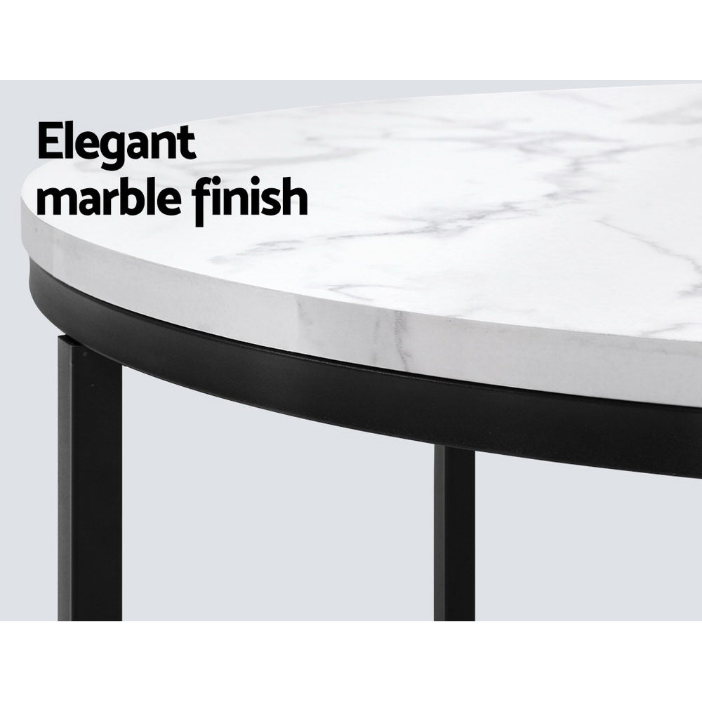 Artiss Coffee Table Marble Effect Side Tables Bedside Round Black Metal 70X70cm