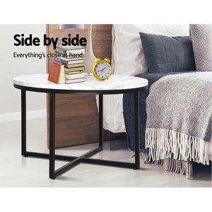 Artiss Coffee Table Marble Effect Side Tables Bedside Round Black Metal 70X70cm