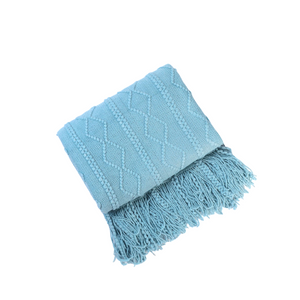 Sky Blue Throw Blanket Faux Cashmere Sofa Cover Vertical Bar Diamond Knit Plaid Tassels 130X180cm