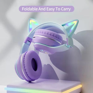 Headphone Purple Bluetooth Cat Ear Wireless Foldable Headset Mobile Accessories