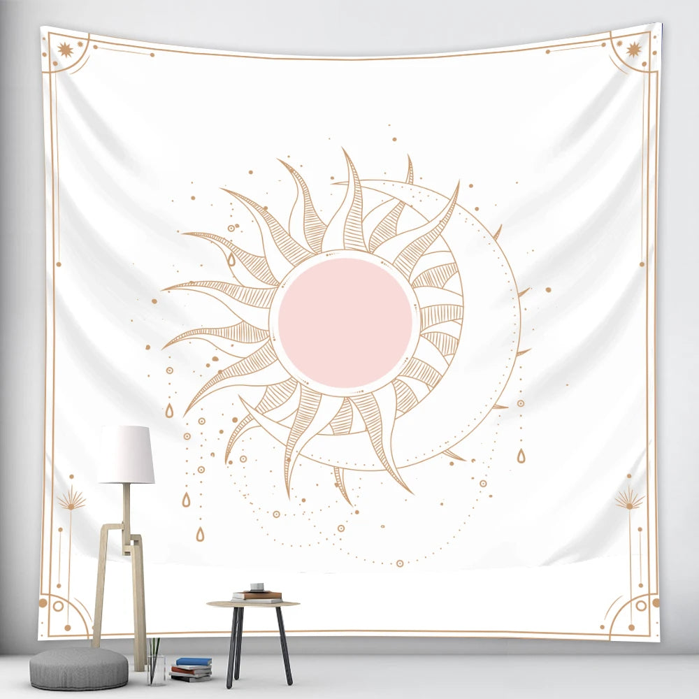 Tapestry Pink Sun And Moon Dance Psychedelic Scene Art Hippie Bohemian Decorative Sheet