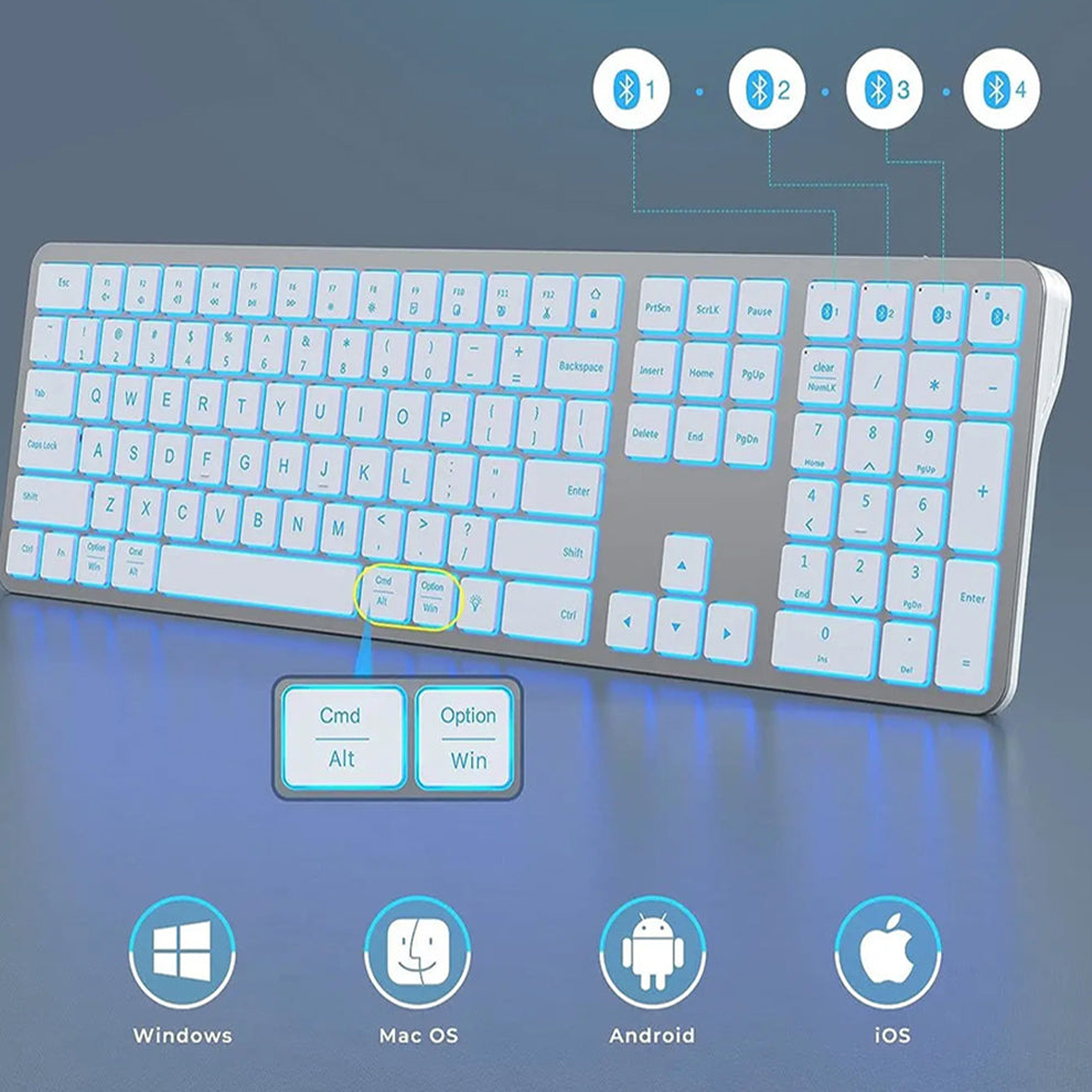 Bluetooth Keyboard White Full Size Rechargeable Backlight Gaming Number Keys
