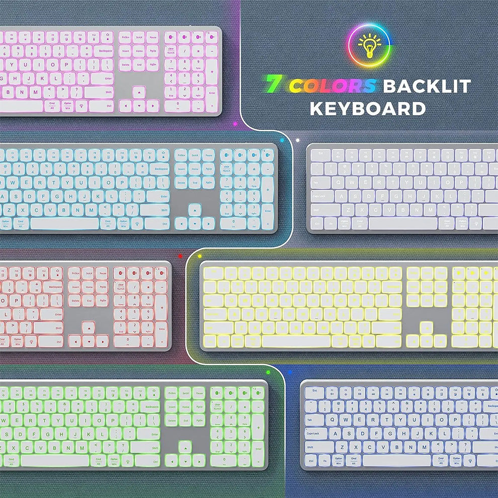 Bluetooth Keyboard White Full Size Rechargeable Backlight Gaming Number Keys