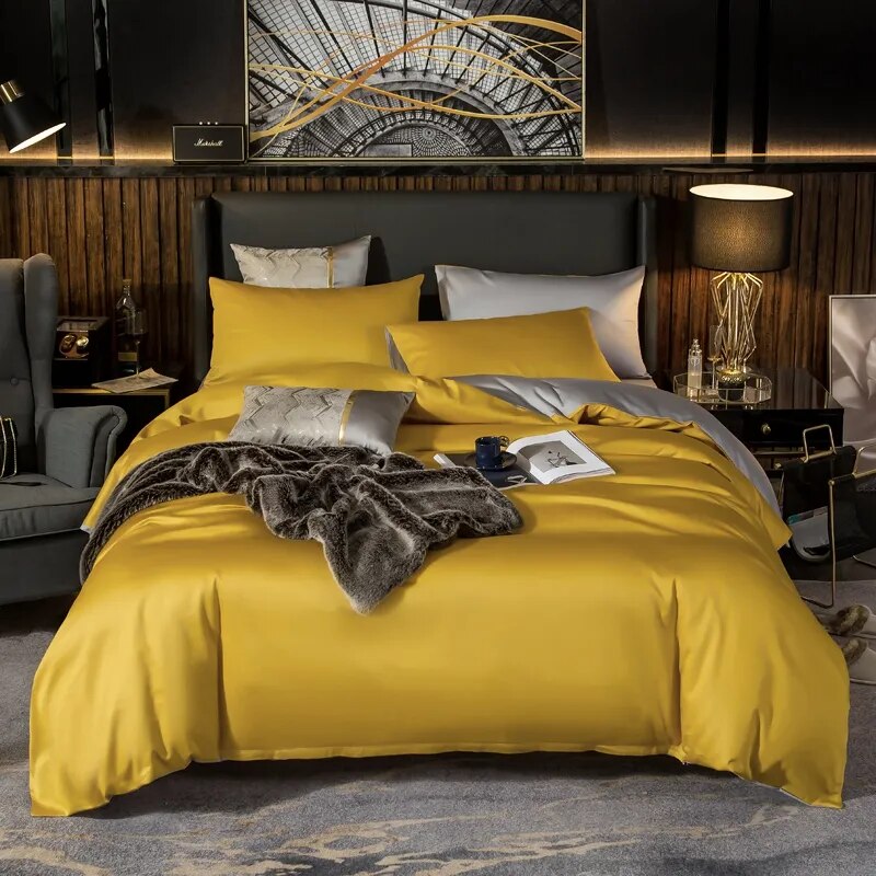 Bed Sheet Yellow Light Grey Ultra Soft Luxury Egyptian Cotton Double Size Set