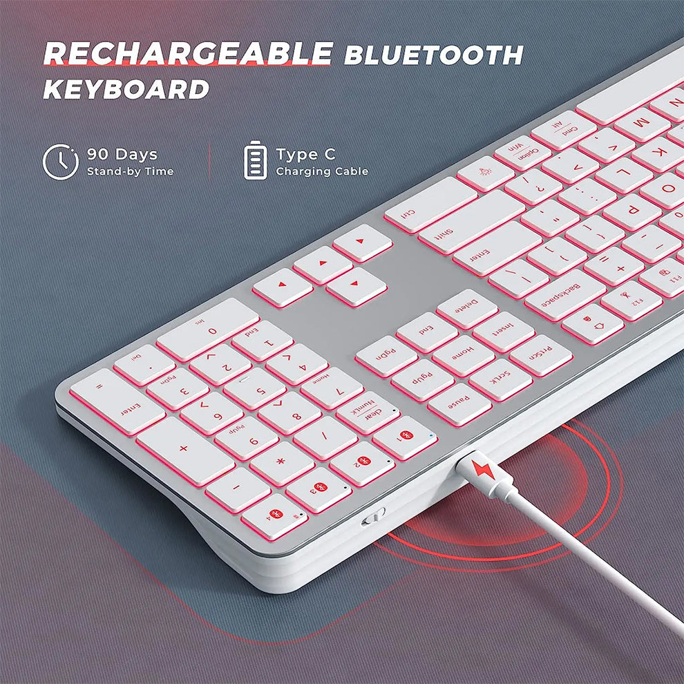 Bluetooth Keyboard White Full Size Rechargeable Backlight Gaming Number Keys
