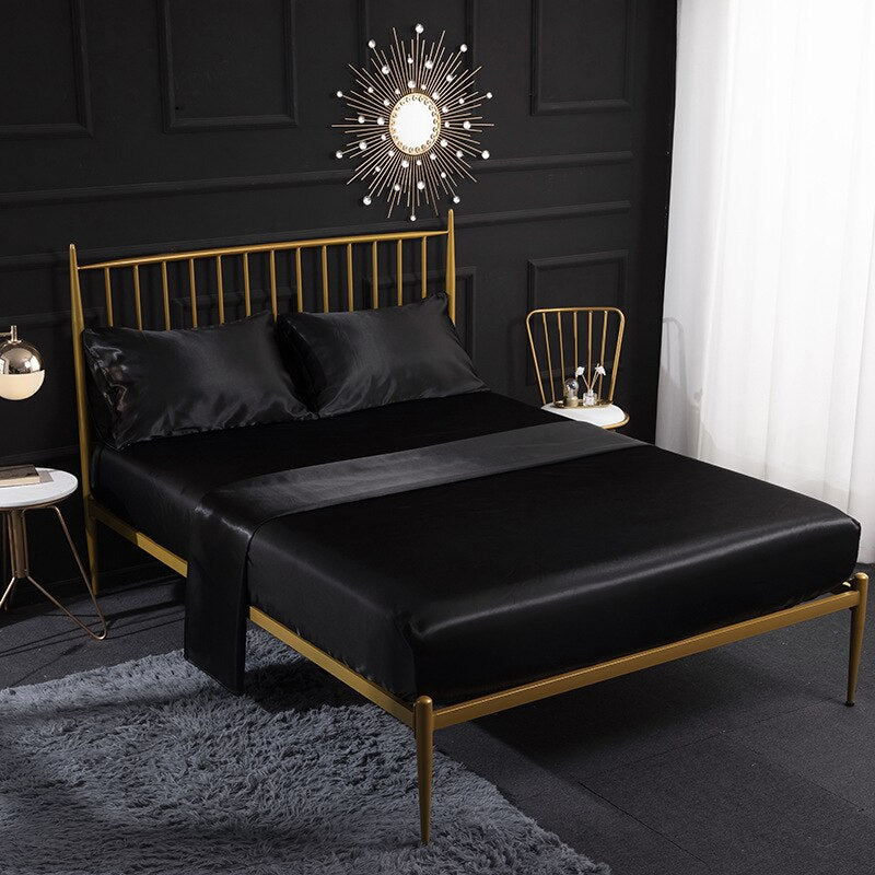 Fitted Sheet 180X200cm Black Luxury Silky Set With Pillow Cases