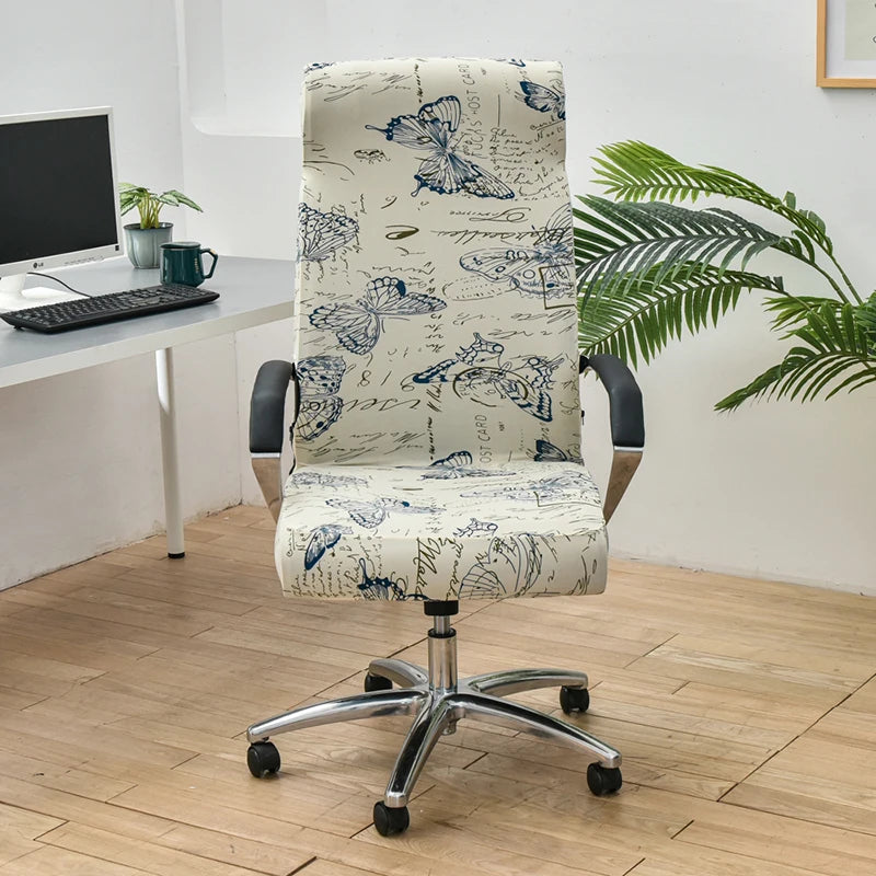 Office Chair Cover White Blue Butterfly Design Medium Non Slip Rotating Seat Case Universal Armrest Protector For Busine