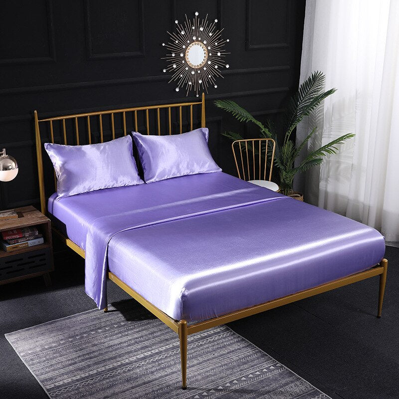 Fitted Sheet Queen Size Light Purple Luxury Silky Set With Pillow Cases