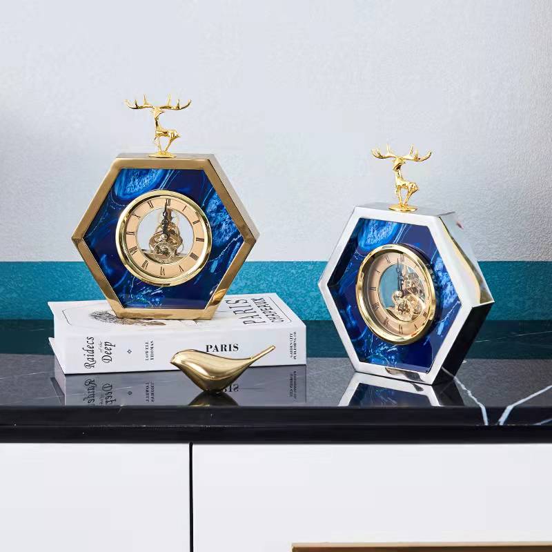 23Cm Hexagon Gold Desk Clock Deer Head Tabletop Home Decor Sculptures Figurines