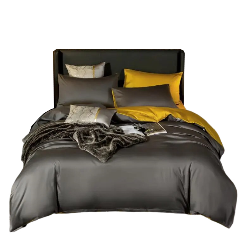 Bed Sheet Deep Grey Yellow Ultra Soft Egyptian Cotton Cover Double Size Set