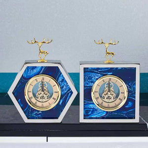 23Cm Hexagon Gold Desk Clock Deer Head Tabletop Home Decor Sculptures Figurines