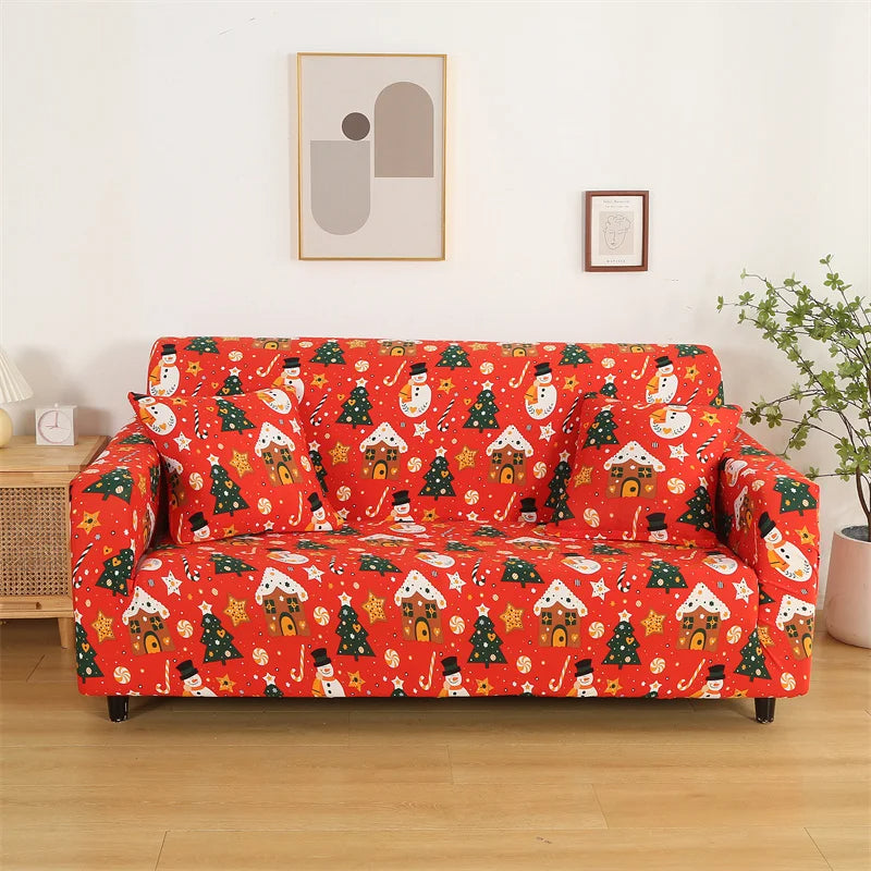 Sofa Cover Orange Christmas Snowman Design Stretchable Non Slip Slipcover