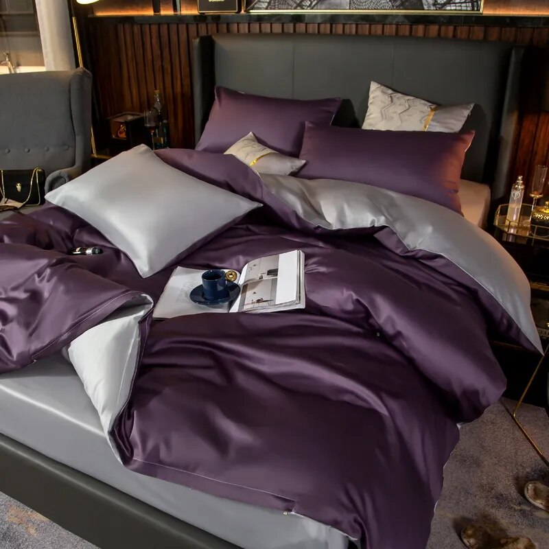 Bed Sheet Purple Light Grey Ultra Soft Luxury Egyptian Cotton Bedding Cover Uk King Size Set