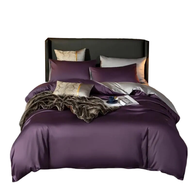 Bed Sheet Purple Light Grey Ultra Soft Egyptian Cotton Cover Queen Size Set