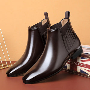 Checked Pointed Toe Chelsea Style Boots For Men Fashion British Square Heel Leather Shoes