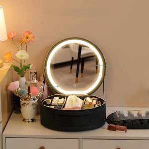 Round Smart Led Makeup Bag With Mirror Lights Large Capacity Pu Leather Cosmetic Case