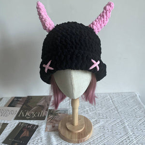 Wool Hat With Cute Devil Mask Horns And Dome Crown For Warmth Style