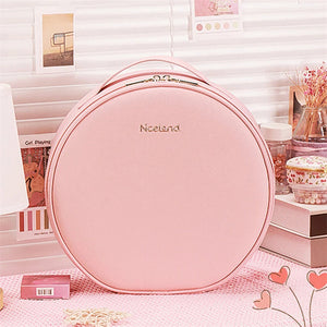 Round Smart Led Makeup Bag With Mirror Lights Large Capacity Pu Leather Cosmetic Case