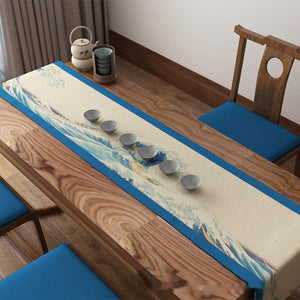 Modern Coastal Blue Wave Dining Table Runner Home Decor