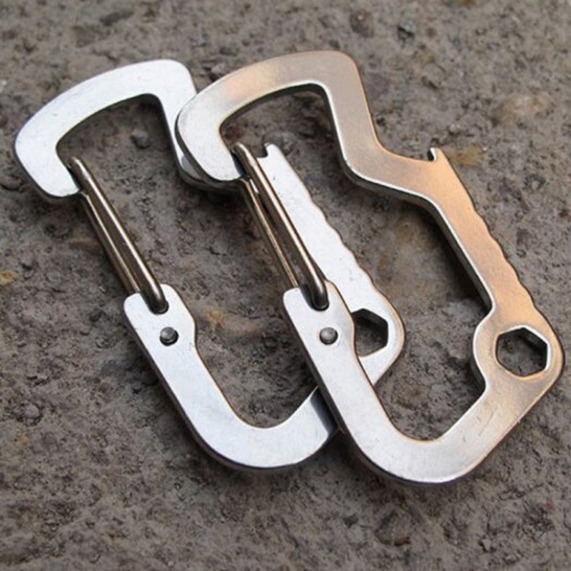 Multifunction D Type Buckle Stainless Steel Carabiner Bottle Opener Spring Hook Shackle 5Pcs Silver