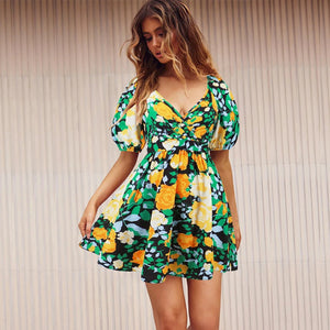 Flowers Print V-Neck Lantern-Sleeve Dress Y2k Summer Vacation Beach Dresses