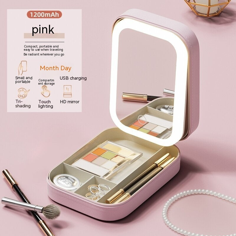 Makeup Storage Box With Led Light Mirror Portable Travel Organizer