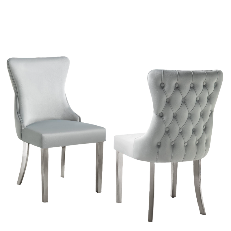 Paris Light Grey Velvet & Silver Polished Steel Upholstered Dining Chairs Tufted Back - Set Of 2