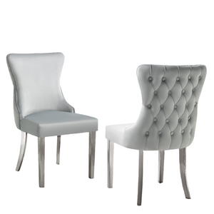 Paris Light Grey Velvet & Silver Polished Steel Upholstered Dining Chairs Tufted Back - Set Of 2