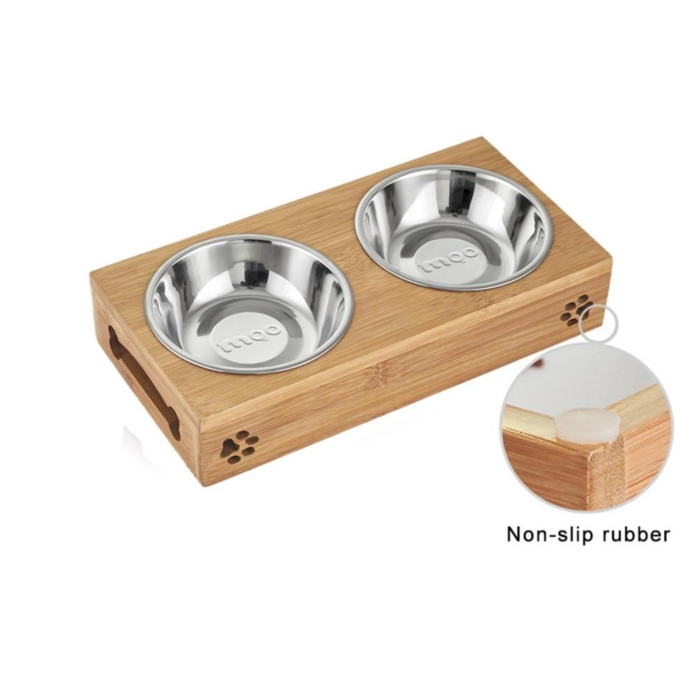 Ceramic Or Stainless Steel Pet Feeding Bowls With Bamboo Stand