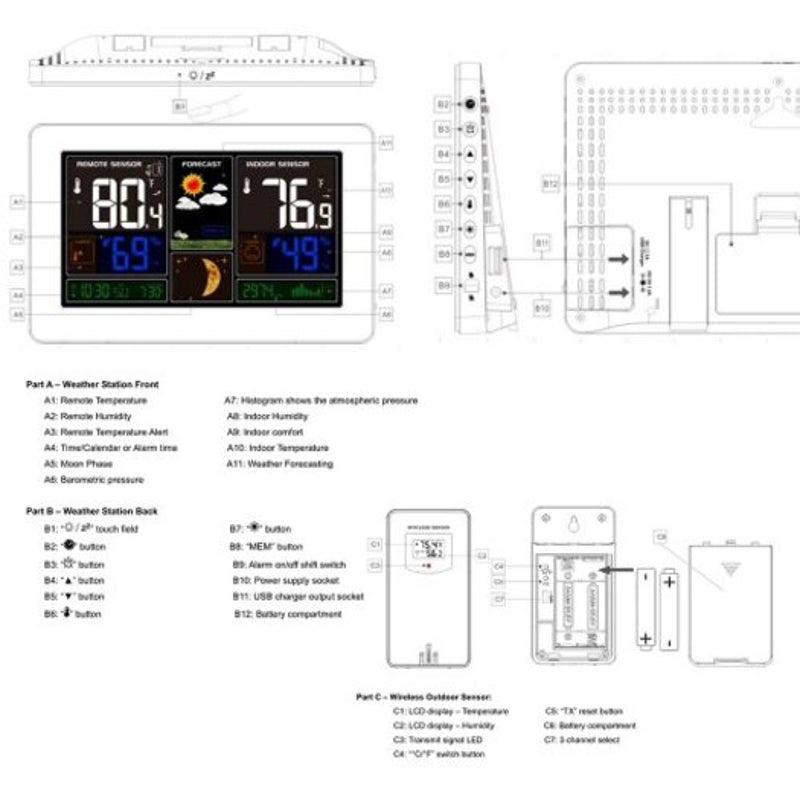 Digital Weather Station Wireless Monitor Alarm Clock Temperature Humidity