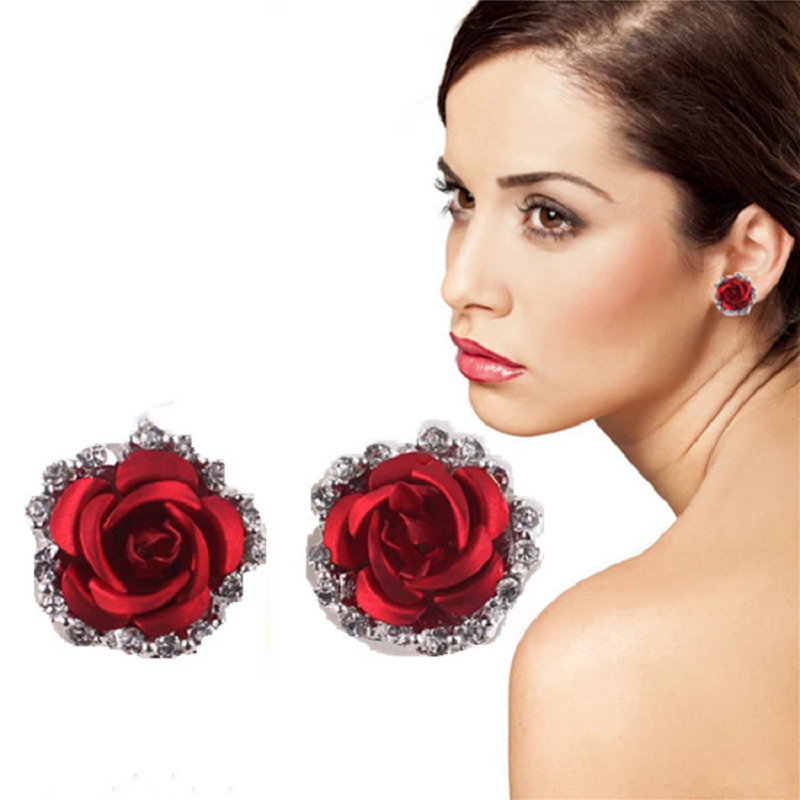 Veile Studios Fashion Colour Rose Rhinestone Earrings Women Flowers Red