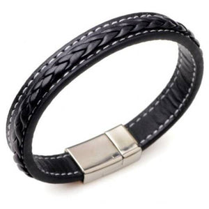 Veile Studios Faux Leather Braid Titanium Steel Bracelet Black