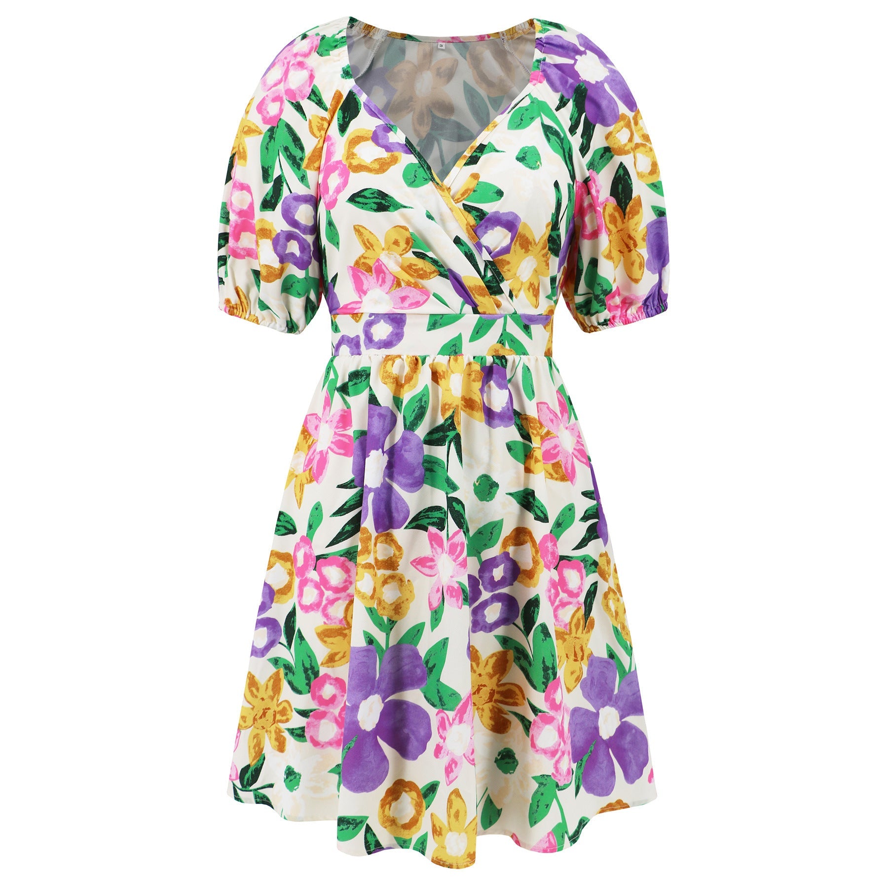 Flowers Print V-Neck Lantern-Sleeve Dress Y2k Summer Vacation Beach Dresses