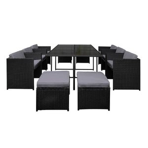 Gardeon 11 Piece Pe Wicker Outdoor Dining Set - Black